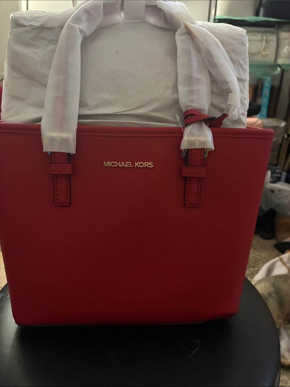 Michael Kors Red Saffiano Leather Tote with Gold Logo